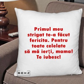 Cadou pentru Mama - Perna Personalizata Primul Strigat Mama, 40x40 cm, Alb Pufos, Husa Detasabila, Perna Inclusa, BEKZ®