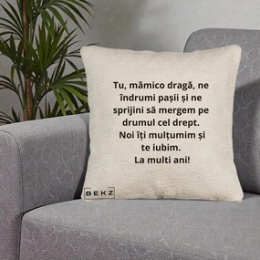 Cadou pentru Mama - Perna Personalizata Mamico Draga Te Iubim La Multi Ani cu Text Negru, 40x40 cm, Bej Canapea, Husa Detasabila, Perna Inclusa, BEKZ®