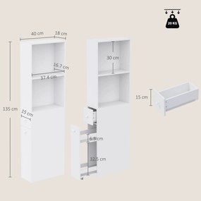 HOMCOM Dulap Baie Slim cu Organizator Glisant pe Roți, Sertar și Raft Reglabil, MDF, 18 x 40 x 135 Cm, Alb | Aosom Romania