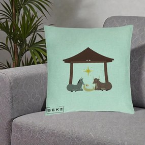 Perna Decorativa Ieslea din Betleem cu Iesle Asin si Bou, 40x40 cm, Verde Menta, Husa Detasabila, Perna Inclusa, BEKZ®
