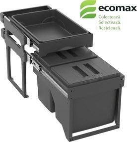 Cos gunoi incorporabil Tank Front Jazz 40 Ecomax, cu extragere automata, colectare selectiva, gri antracit, 2 x 15 l Polipropilena, L:340 mm; A:485