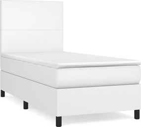 vidaXL Pat box spring cu saltea, alb, 90x190 cm, piele ecologică