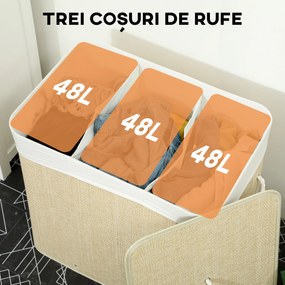 HOMCOM Coș pentru Rufe din Bambus cu Capac, 144L, 3 Compartimente, Sac Detașabil și Lavabil, Mânere, Crem | Aosom Romania
