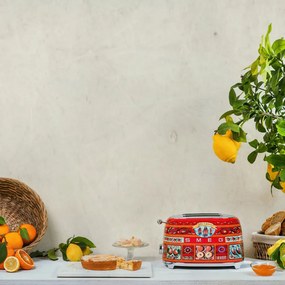 Prajitor de paine SMEG Dolce & Gabbana Sicily is my Love! TSF01DGEU, 950 W, 2 felii, 6 trepte, Tava pentru firimituri, Cablu integrat, Otel inoxidabil, Multicolor