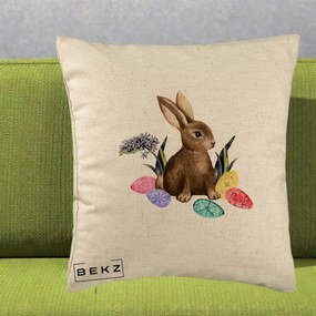 Perna Decorativa Iepuras cu Oua de Pasti Acuarela, 40x40 cm, Bej, Husa Detasabila, Perna Inclusa, BEKZ®