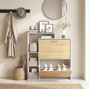 HOMCOM Dulap Slim pentru Pantofi cu 2 Sertare Rabatabile, Dulap Intrare cu Rafturi Reglabile, 3 Rafturi Deschise, Spațiu pentru 8 Perechi de Pantofi, Alb și Lemn Natural, 80x26x90 cm | Aosom Romania