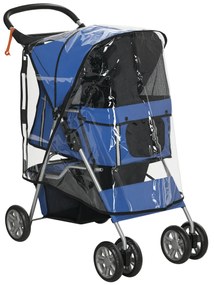 PawHut Cărucior Pliabil pentru Câini până la 10 kg cu Copertină de Ploaie, 75x45x97 cm, Albastru | Aosom Romania