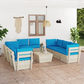 Set mobilier gradina din paleti, 9 piese, cu perne, lemn de molid Albastru deschis, 4x colt + 4x mijloc + masa, 1