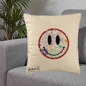 Perna Decorativa Smiley Face cu Artificii Multicolore, 40x40 cm, Bej, Husa Detasabila, Perna Inclusa, BEKZ®