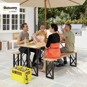 Outsunny set masă și bănci din lemn pentru 6-8 persoane, 160 cm, cu orificiu pentru umbrelă de 5 cm, design durabil,  maro | Aosom Romania