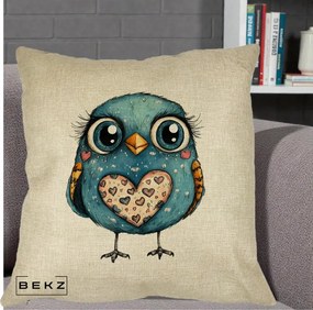 Perna Decorativa Bufnita Albastra cu Inimioare, 40x40 cm, Crem, Husa Detasabila, Perna Inclusa, BEKZ®