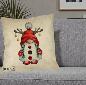 Perna Decorativa Pitic Gnom Craciun cu Coarne de Ren, 40x40 cm, Crem, Husa Detasabila, Perna Inclusa, BEKZ®