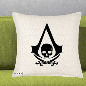 Perna Personalizata Assassin's Creed Black Flag Skull, 40x40 cm, Crem Reliefat, Husa Detasabila, Perna Inclusa, BEKZ®