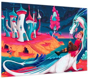 Tablou pe sticlă - Prinț și prințesa cu dragon (70x50 cm)
