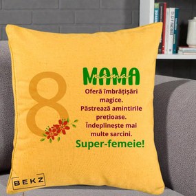 Cadou pentru Mama - Perna Personalizata Mama Super-Femeie cu Cifra 8 si Flori 8 Martie, 40x40 cm, Galben, Husa Detasabila, Perna Inclusa, BEKZ®