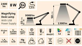 Lampă LED dimabilă de masă cu lupă Extol LED/8W/5V 2900/4500/7500K alb