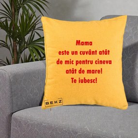 Cadou pentru Mama - Perna Personalizata Mama Cuvant Mic, 40x40 cm, Galben, Husa Detasabila, Perna Inclusa, BEKZ®
