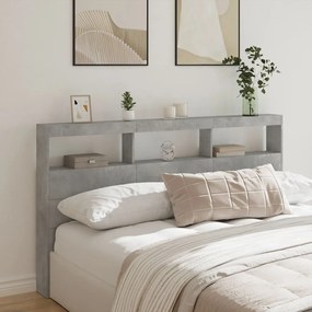 839213 vidaXL Tăblie de pat cu dulap și LED, gri beton, 180x17x102 cm