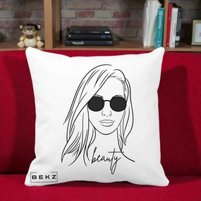 Perna Decorativa Beauty Girl Line Art, 40x40 cm, Alba Mata, Husa Detasabila, Perna Inclusa, BEKZ®