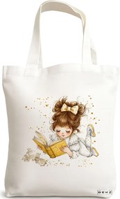 Sacosa de Panza pentru Cumparaturi, Geanta Tote, model The bookie girl 5 38 x 34.5 cm, Alba, BEKZ®
