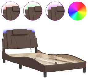 3214003 vidaXL Cadru de pat cu lumini LED, maro, 100x200 cm, piele ecologică