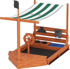 Outsunny Cutie de nisip cu copertină Corabie de pirați, incl. set de bucătărie pentru copii, lemn masiv, 180 x 103 x 144,5 cm, Verde | Aosom Romania