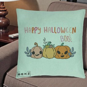 Perna Decorativa Happy Halloween Boo Trei Dovlecei Kawaii, 40x40 cm, Verde Menta, Husa Detasabila, Perna Inclusa, BEKZ®