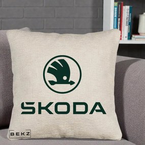 Perna Personalizata cu emblema Skoda, 40x40 cm, Bej Canapea, Husa Detasabila, Perna Inclusa, BEKZ®