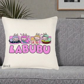 Perna Personalizata Labubu Sleeping Quad, 40x40 cm, Crem Reliefat, Husa Detasabila, Perna Inclusa, BEKZ®