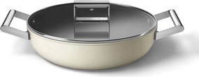 Oală joasă cu capac Smeg DPF2812CRM, 28 cm, 4,3 l, acoperire ceramică antiaderentă, potrivită pentru cuptor până la 250 °C, fără PFAS, compatibilă cu plitele cu inducție, culoare crem