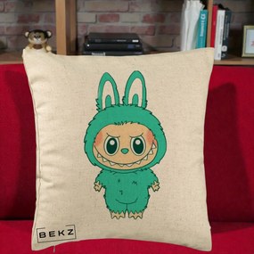 Perna Personalizata Labubu Turcoaz, 40x40 cm, Bej, Husa Detasabila, Perna Inclusa, BEKZ®