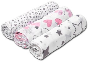 Set 3 paturici muselina soft 78x78 cm Kidizi Pink Hearts, 100% bumbac