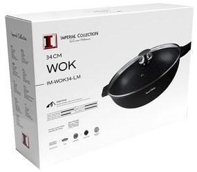 Tigaie wok marmorata cu capac Imperial Collection IM-WOK34-LM, 34 cm, negru