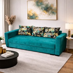 Canapea LILI extensibila, 3 locuri, cu lada de depozitare, catifea turcoaz , 220x95x80 Turcoaz, Catifea