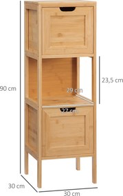 kleankin Comodă de depozitare coloană pentru baie din bambus 2 sertare și 1 raft - dim. 30L x 30l x 90H cm | Aosom Romania