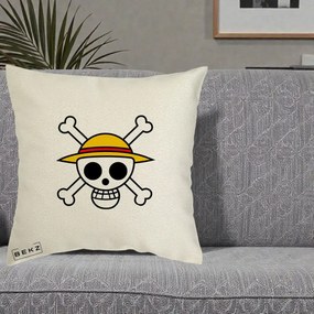 Perna Personalizata One Piece Jolly Roger Straw Hat Pirates, 40x40 cm, Ecru, Husa Detasabila, Perna Inclusa, BEKZ®