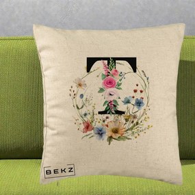 Cadou Personalizat - Perna Personalizata Monogram Litera T cu Flori Acuarela, 40x40 cm, Bej, Husa Detasabila, Perna Inclusa, BEKZ®