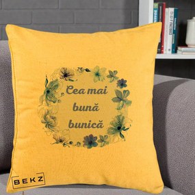 Cadou pentru Bunica - Perna Personalizata Cea Mai Buna Bunica Coronita Flori Albastre Acuarela, 40x40 cm, Galben, Husa Detasabila, Perna Inclusa, BEKZ®