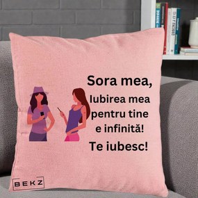 Cadou pentru Sora - Perna Personalizata Sora Mea Te Iubesc Doua Fete cu Telefoane, 40x40 cm, Roz, Husa Detasabila, Perna Inclusa, BEKZ®