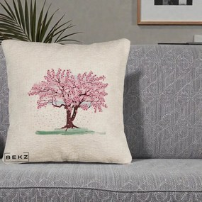 Perna Decorativa Cires Inflorit Acuarela, 40x40 cm, Bej Canapea, Husa Detasabila, Perna Inclusa, BEKZ®