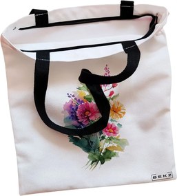 Sacosa de Panza pentru Cumparaturi, Geanta Tote, model The Bouquet, Cu fermoar, 38x34.5 cm, Alba, BEKZ®