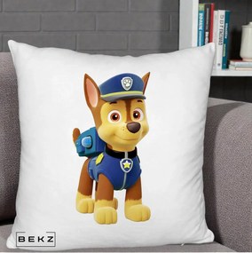 Perna Personalizata Chase PAW Patrol Albastru, 40x40 cm, Alb Pufos, Husa Detasabila, Perna Inclusa, BEKZ®