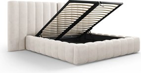 Pat tapitat cu somiera rabatabila si lada depozitare, 200x200 cm, Micadoni Home, Kelp-138, tablie dubla, tesatura structurata chenille, bej