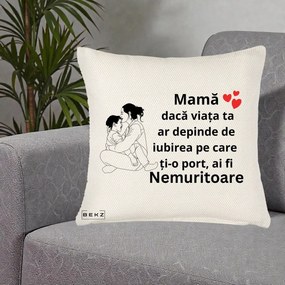 Cadou pentru Mama - Perna Personalizata Mama Nemuritoare Kawaii, 40x40 cm, Crem Reliefat, Husa Detasabila, Perna Inclusa, BEKZ®