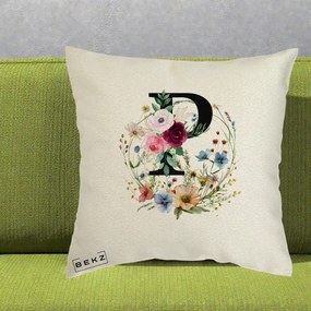 Cadou Personalizat - Perna Personalizata Monogram Litera P cu Flori Acuarela, 40x40 cm, Ecru, Husa Detasabila, Perna Inclusa, BEKZ®