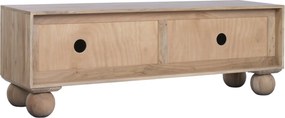 Comodă TV living din lemn de acacia, natur, cu 3 uși, decor alb și picioare sferice, 50 x 145 x 40 cm, „Alvera”