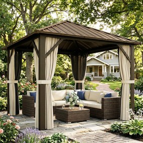 Outsunny Pavilion de grădină aprox. 3 x 3 m pavilion din aluminiu cu acoperiș din oțel Hardtop plasă anti-țânțari 4 părți, UPF50+ | Aosom Romania