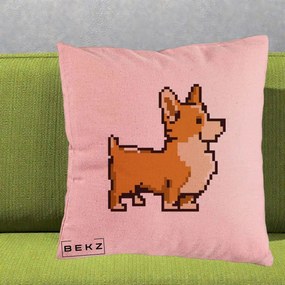 Perna Personalizata Corgi Pixel Art, 40x40 cm, Roz, Husa Detasabila, Perna Inclusa, BEKZ®