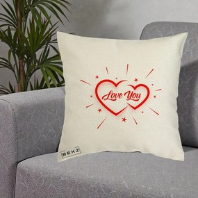 Cadou Romantic - Perna Personalizata Love You Doua Inimi, 40x40 cm, Ecru, Husa Detasabila, Perna Inclusa, BEKZ®