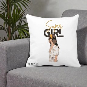 Perna Decorativa Super Girl Aesthetic, 40x40 cm, Alba Mata, Husa Detasabila, Perna Inclusa, BEKZ®